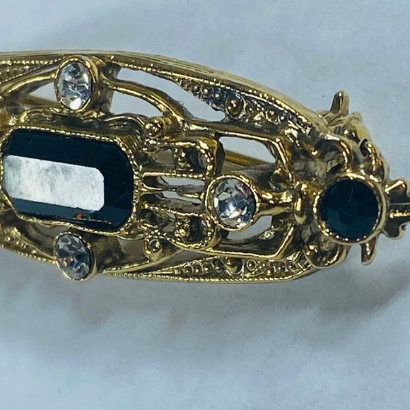 Art Deco Pin Brooch Gold Tone Faux Black Onyx Clear Rhinestone Vintage Jewelry - Picture 15 of 16